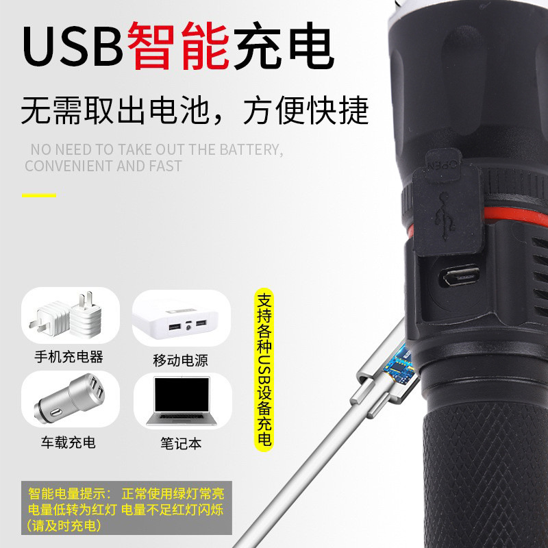 超亮多功能变焦手电筒强光充电式战术手电筒野营灯帐篷灯露营灯详情5