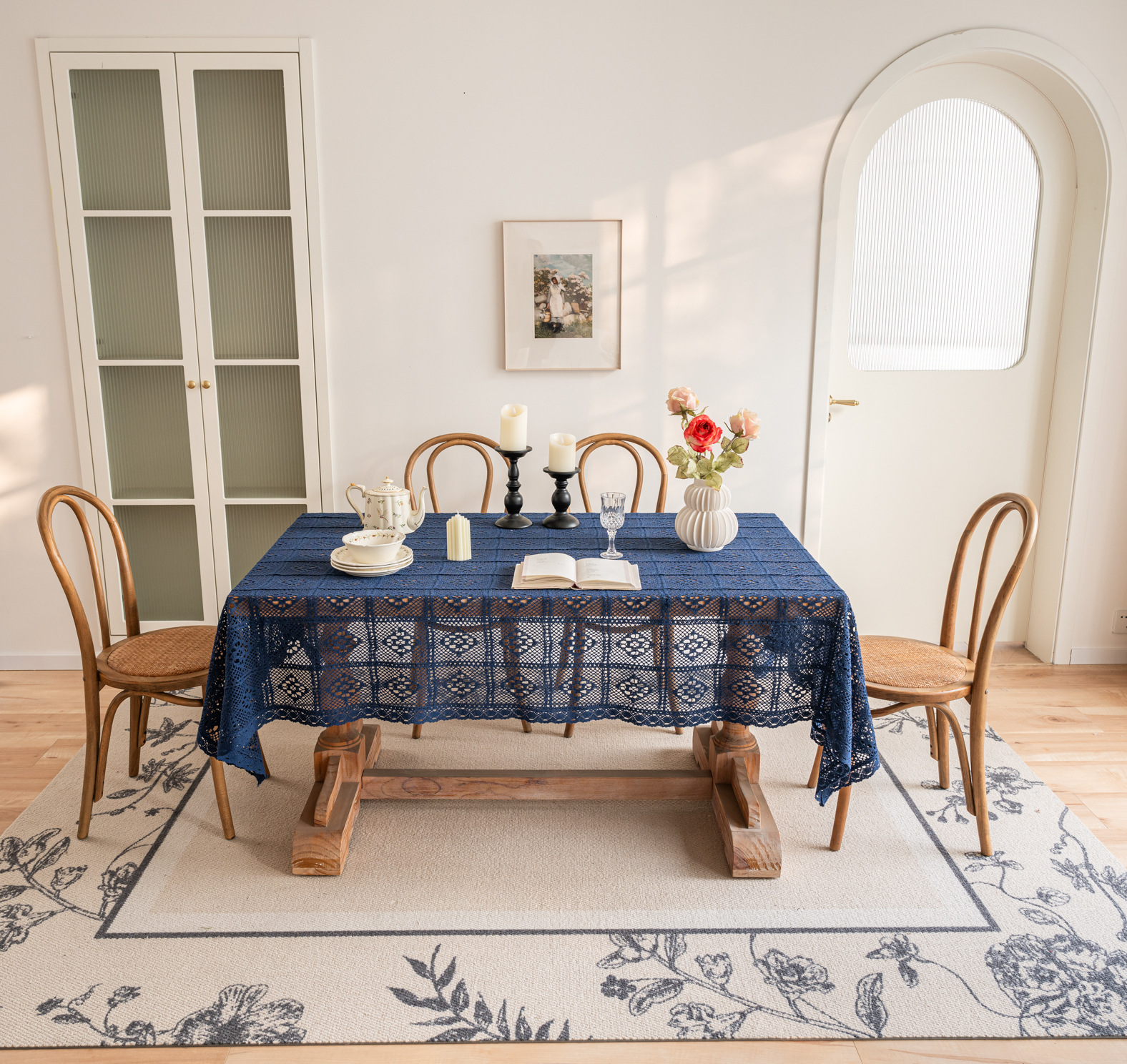 Cross-border hollowed-out hidden deep blue tablecloth, retro crochet photo art book, personalized cotton thread woven tablecloth cover pic 14