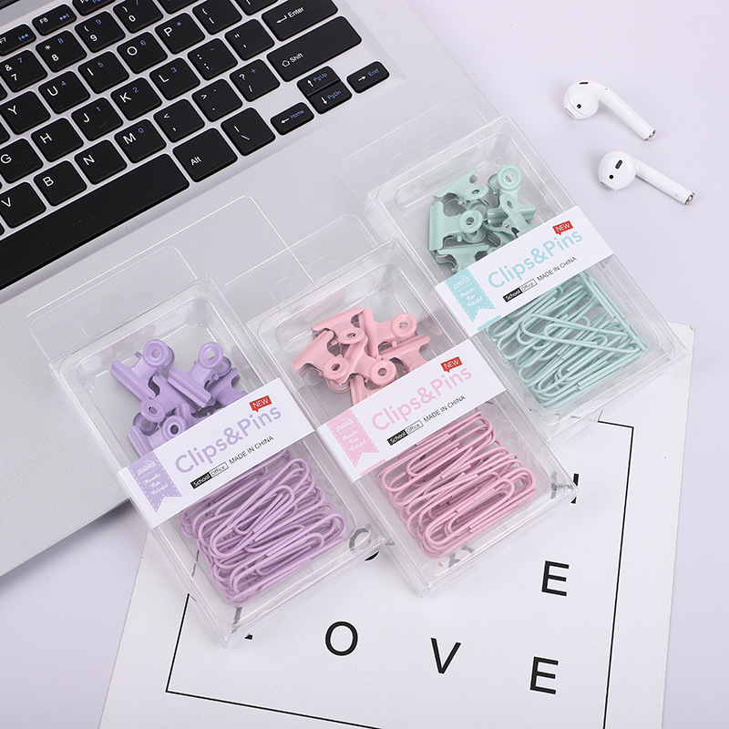 Cross-border 2-in-1 office combo set, macaron-colored paper clip, ticket holder, thumbtack, round head clip, keychain box pic 7