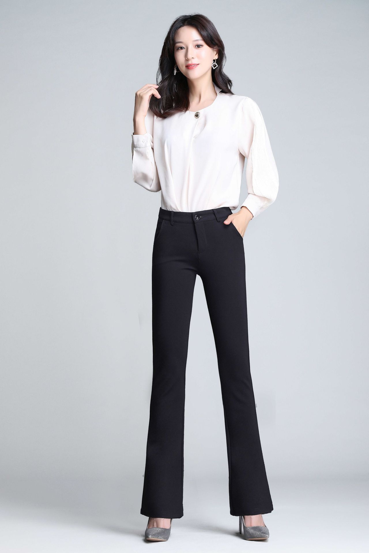 裤子女春夏西装裤女垂坠感高腰新款2023黑色小脚裤弹力女士休闲裤详情10