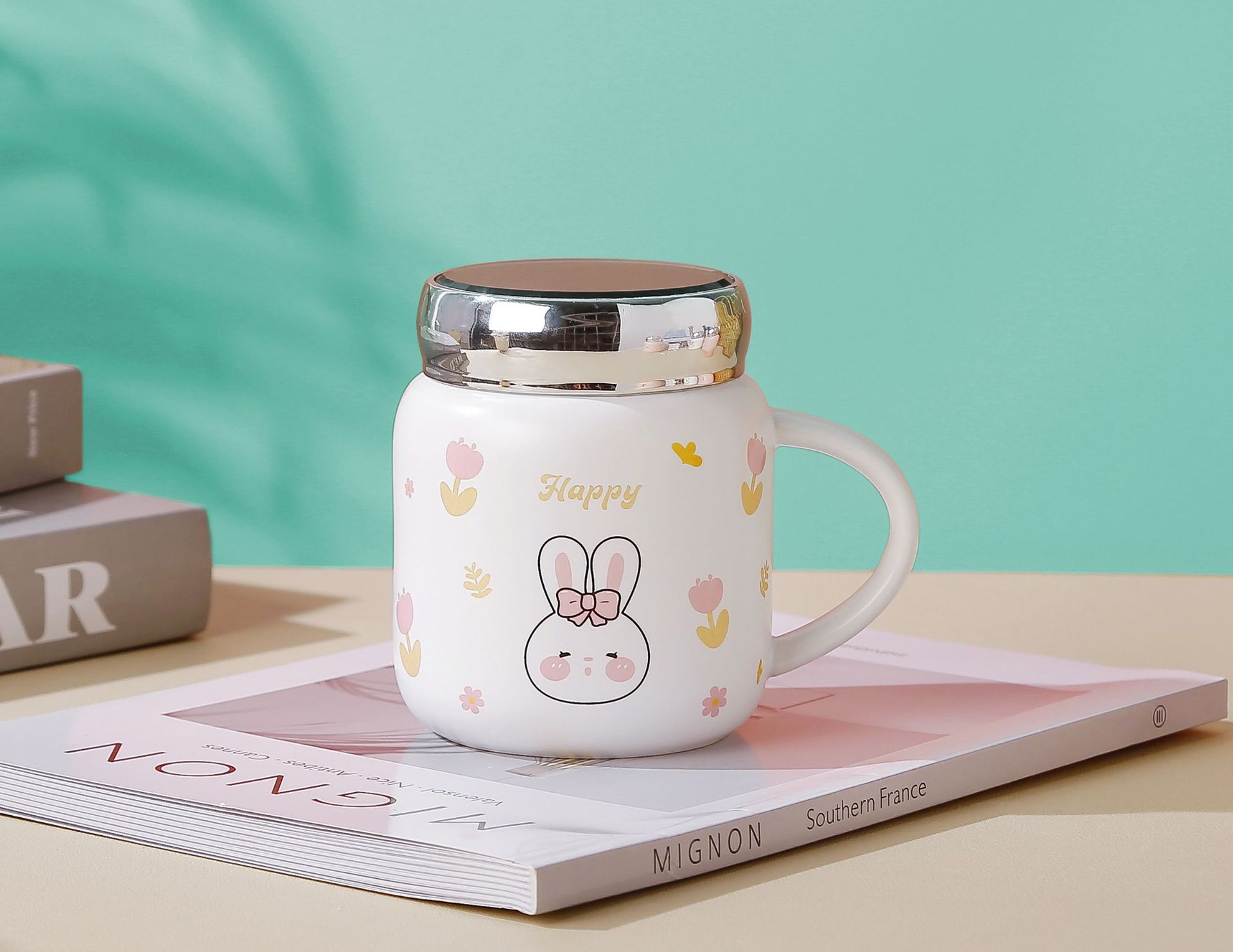 High appearance level, creative personality, cute mug with lid and spoon, home ceramic water cup, breakfast bow mug pic 4