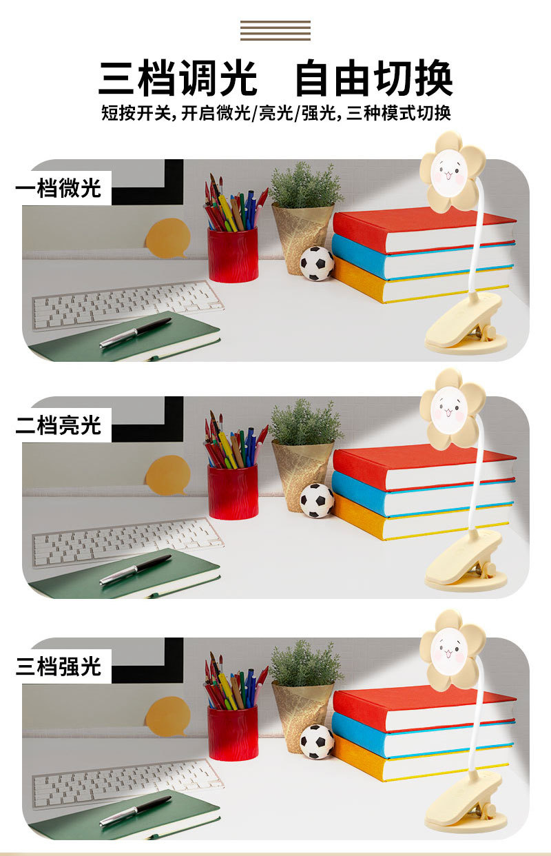 新款卡通创意学生多功能多档位小台灯可爱床头摆件夜灯夹子详情2