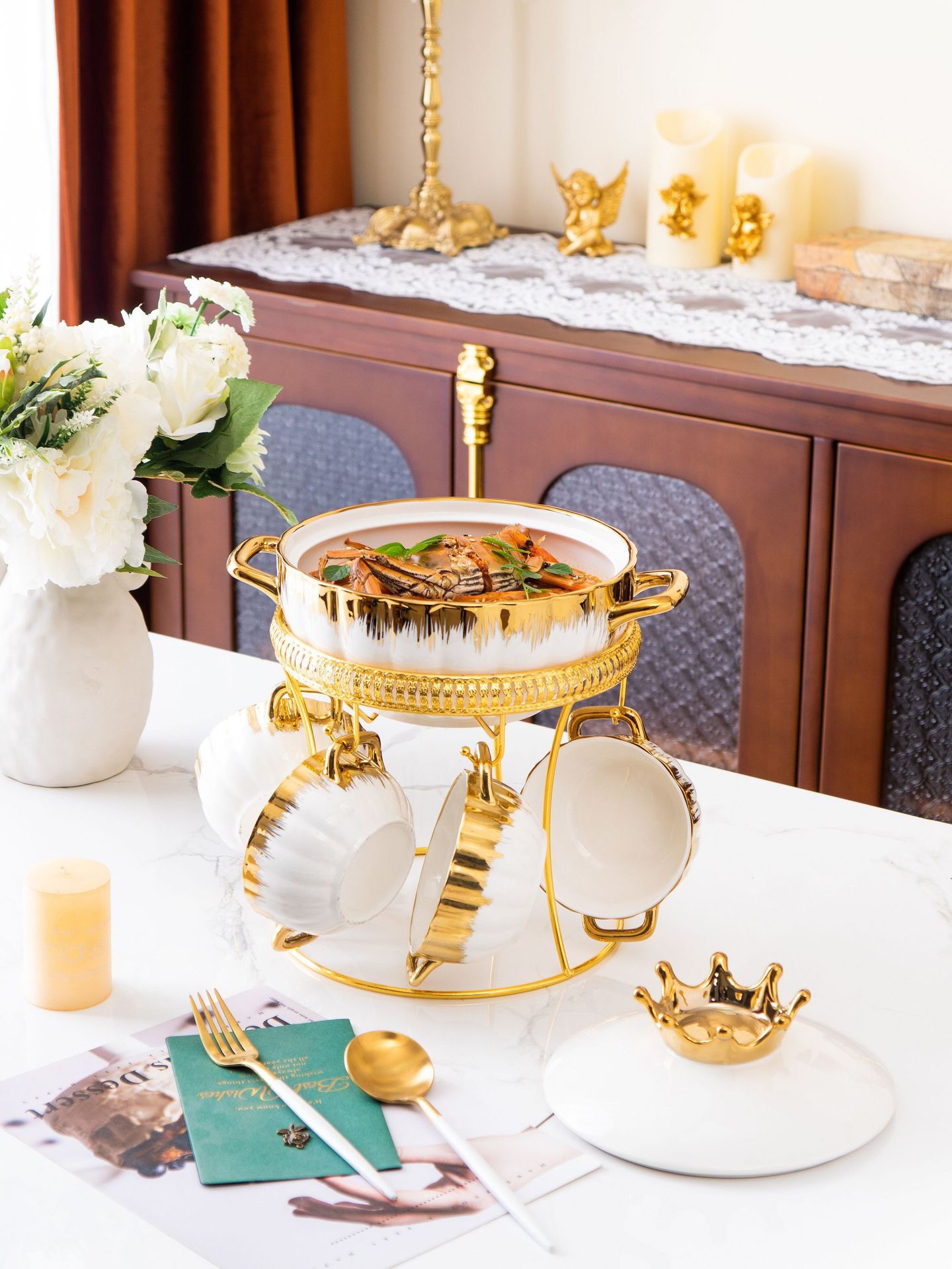 出口创意家用餐具镀金汤锅带盖高档轻奢双耳陶瓷汤锅套装带铁架详情13