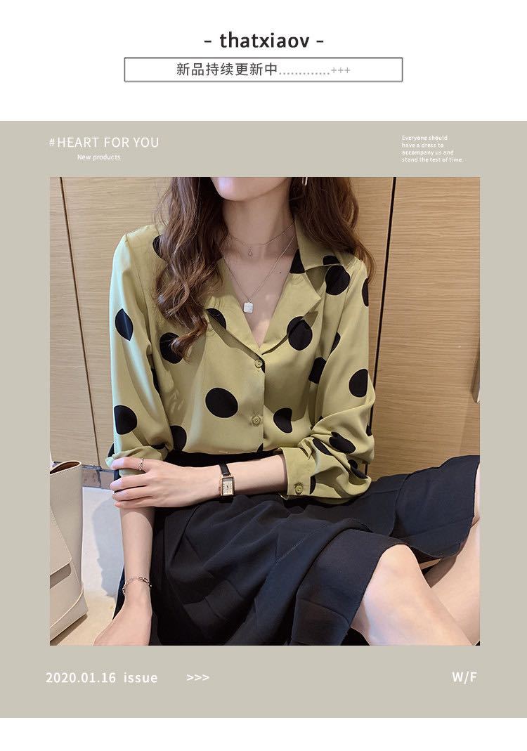 The 2022 Spring and Autumn new polka dot shirt for women is a retro Hong Kong-style top with a design sense and a light mature shirt as the base layer, making it a trendy choice pic 1