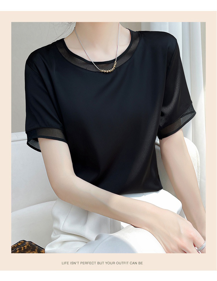 夏季新款仿真丝缎面网纱拼接圆领显瘦短袖T恤上衣女桑蚕丝百搭潮详情51