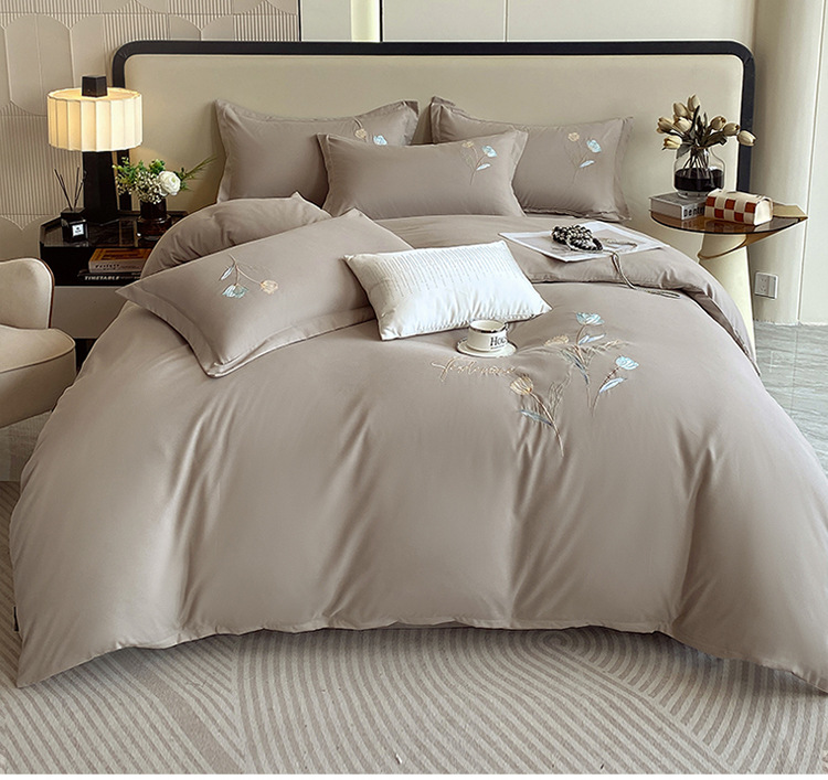 Nantong Home Textile solid color embroidered bedding four-piece set, brushed washed cotton Class a baby and mother grade quilt cover and bed sheet consignment pic 5