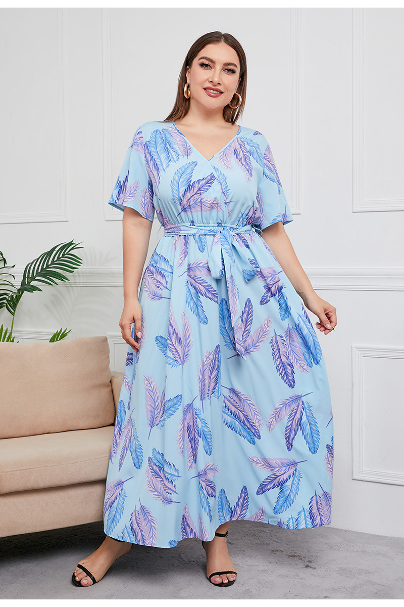 2024 Cross-border new French-style elegant plus-size dress with a V-neck, short sleeve and cinched waist, featuring a simple floral design pic 35