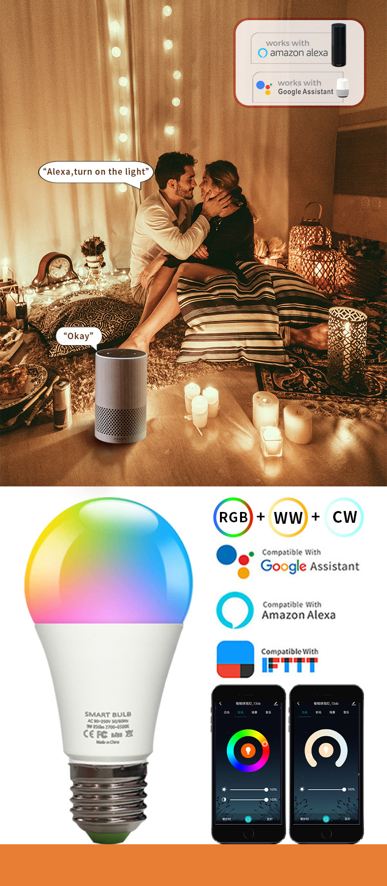 WiFi Smart variable light bulb, Alexa voice control, RGBCW dimming and color-adjusting bulb, graffiti Smart Life pic 1