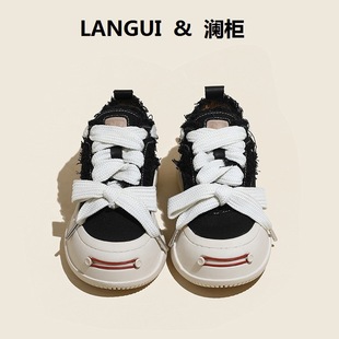 【澜柜】北海道 厚底系带帆布鞋女2022年新款网面平底小白鞋子女详情15