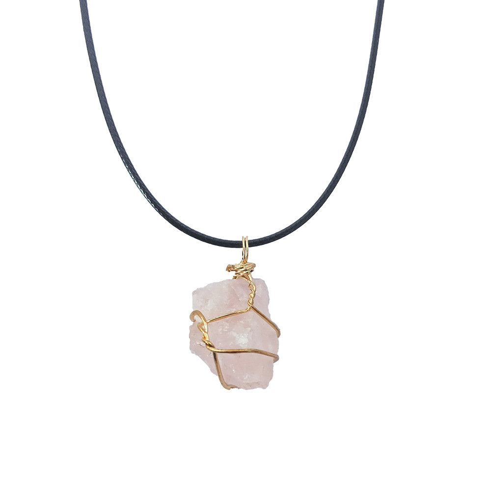 Cross-border winding jewelry: Yellow crystal raw stone winding pendant, pink amethyst fluorite, Dongling jade irregular stone necklace pic 4