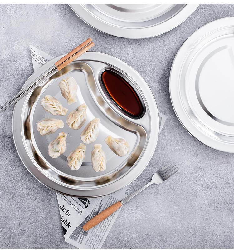 Non-magnetic dumpling plate, stainless steel fast food plate, hotel room dinner plate, household stainless steel dumpling plate with vinegar dish, cafeteria pic 14