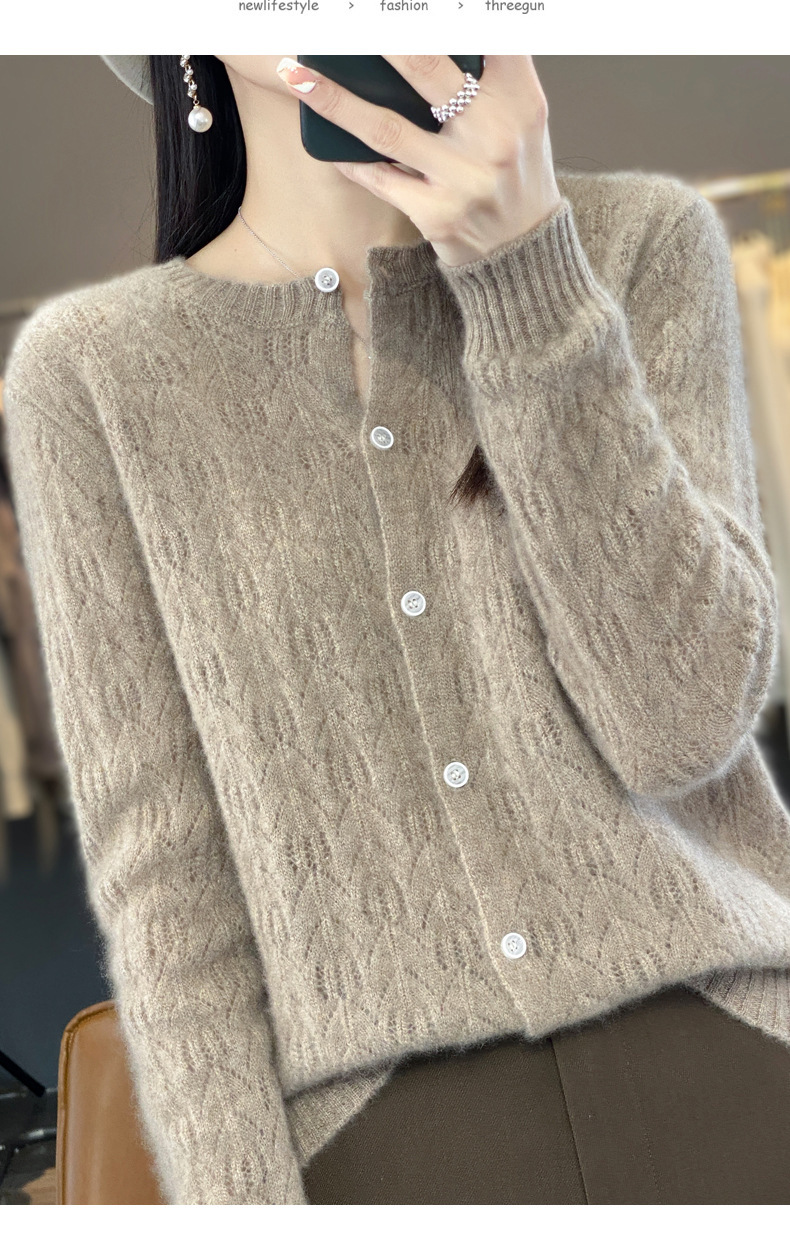 The 2023 autumn new collection features a highly anticipated hollowed-out wool cardigan jacket for women, a long-sleeved base sweater, and a thin outerwear pic 25