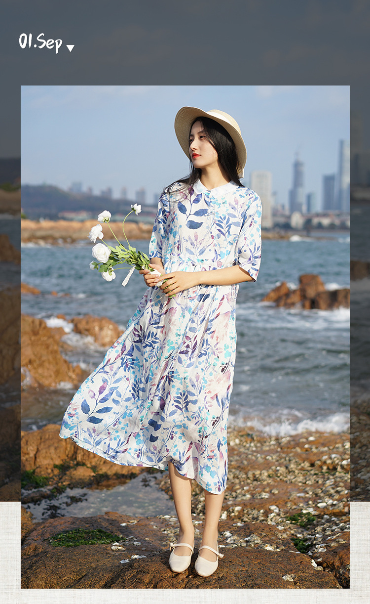 新中式棉麻女装2023春夏季新款碎花连衣裙女翻领显瘦女士苎麻长裙详情2