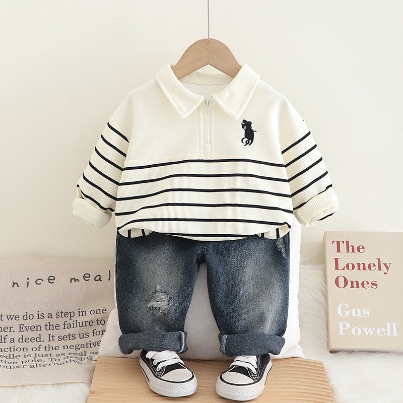 Niño niño guardarropa niño primavera otoño 2025 niño niño rayas polo manga larga jeans traje de moda fábrica pic 4