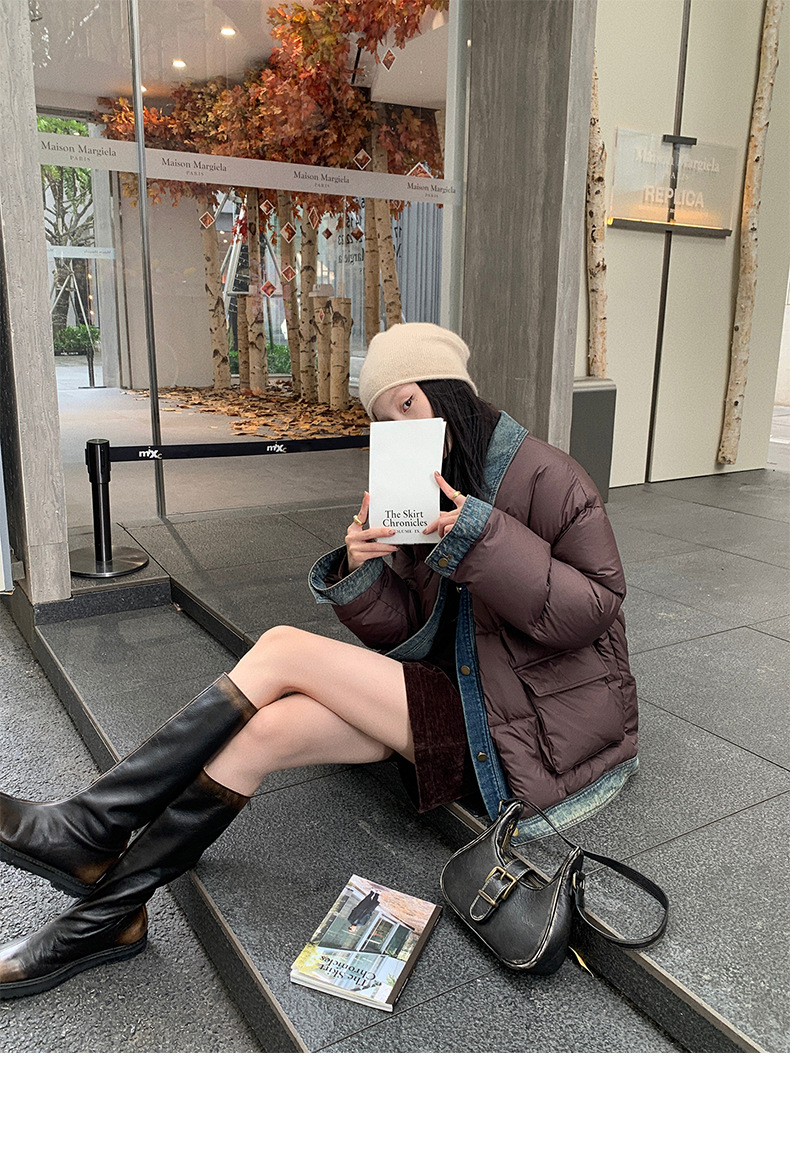 Qumeng DT CLASSIC Retro patchwork fake two-piece denim down jacket for women, 90 white duck down winter coat for women pic 22