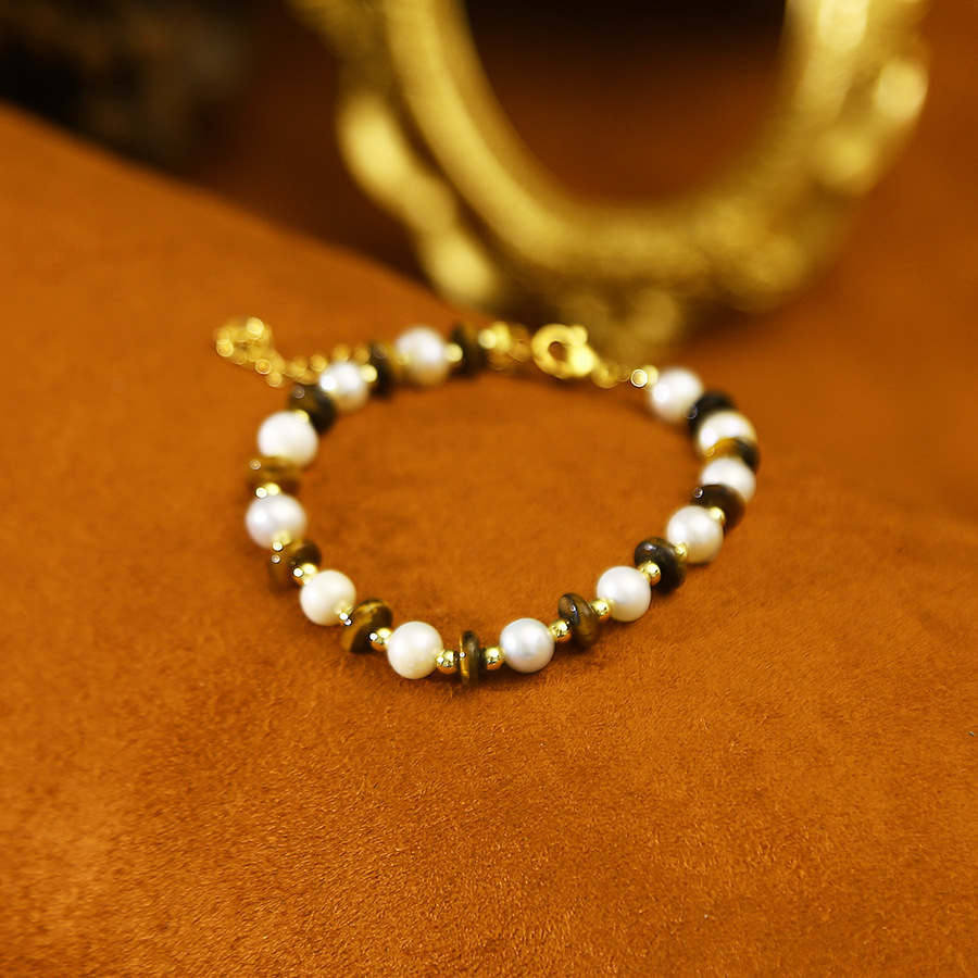 美拉德虎眼石天然淡水珍珠百搭手链小众设计轻奢手镯闺蜜学生手饰详情3