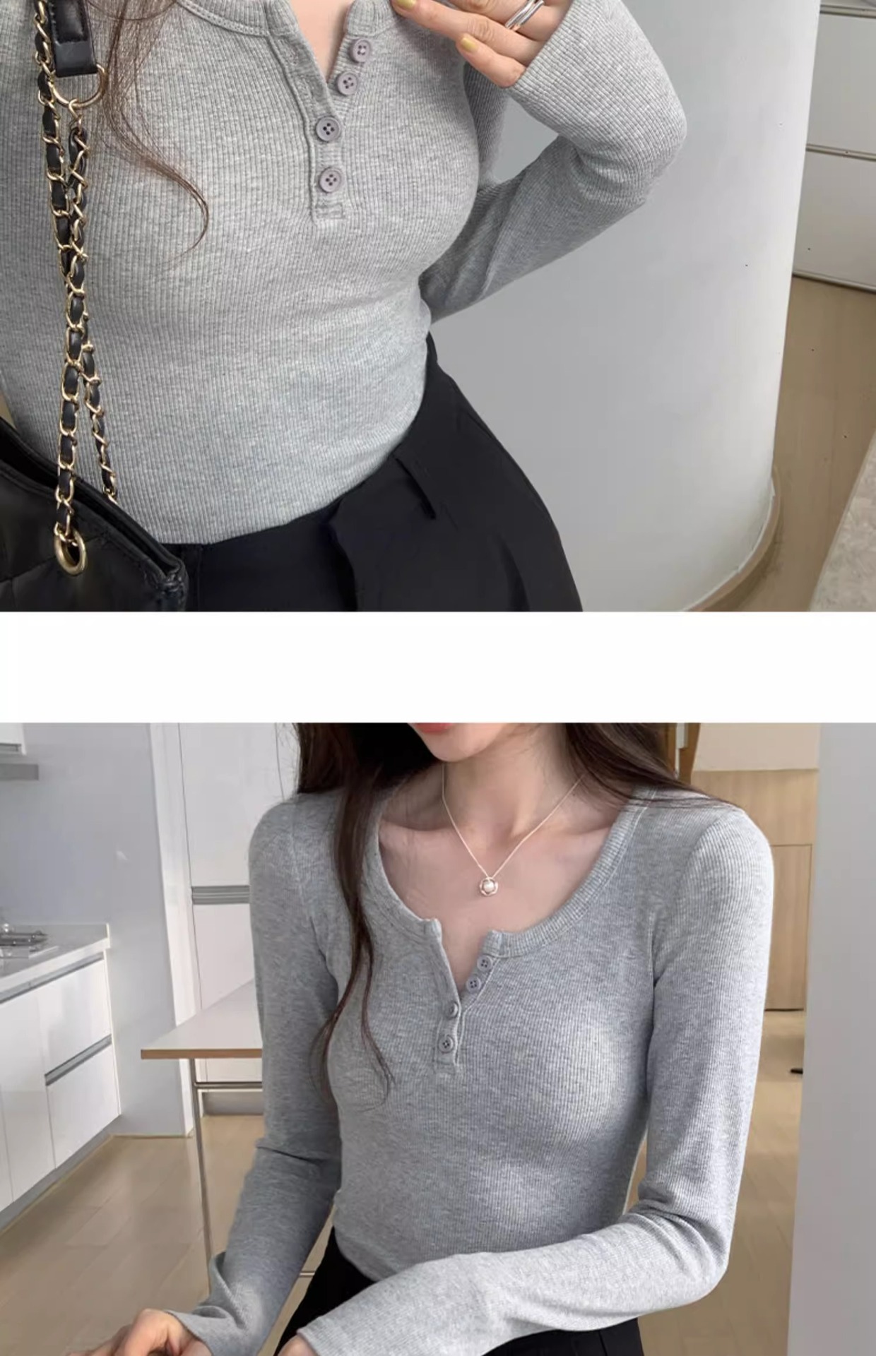 白色长袖t恤女2023秋装新款女装内搭上衣正肩体恤螺纹V领打底衫详情8