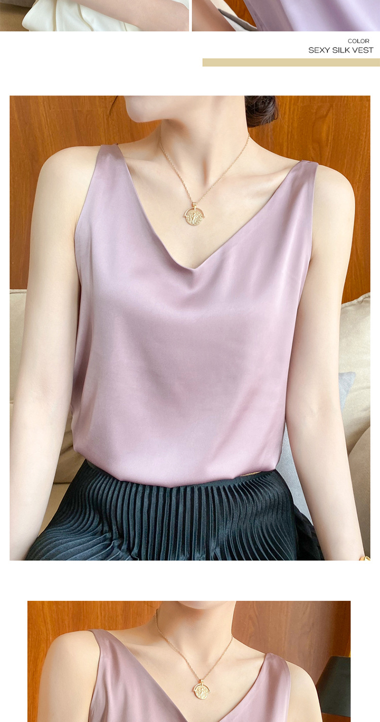 Chaleco halter mujer verano cuello V traje interior y exterior chaleco de seda polainas blancas satén morera seda halter mujer pic 11