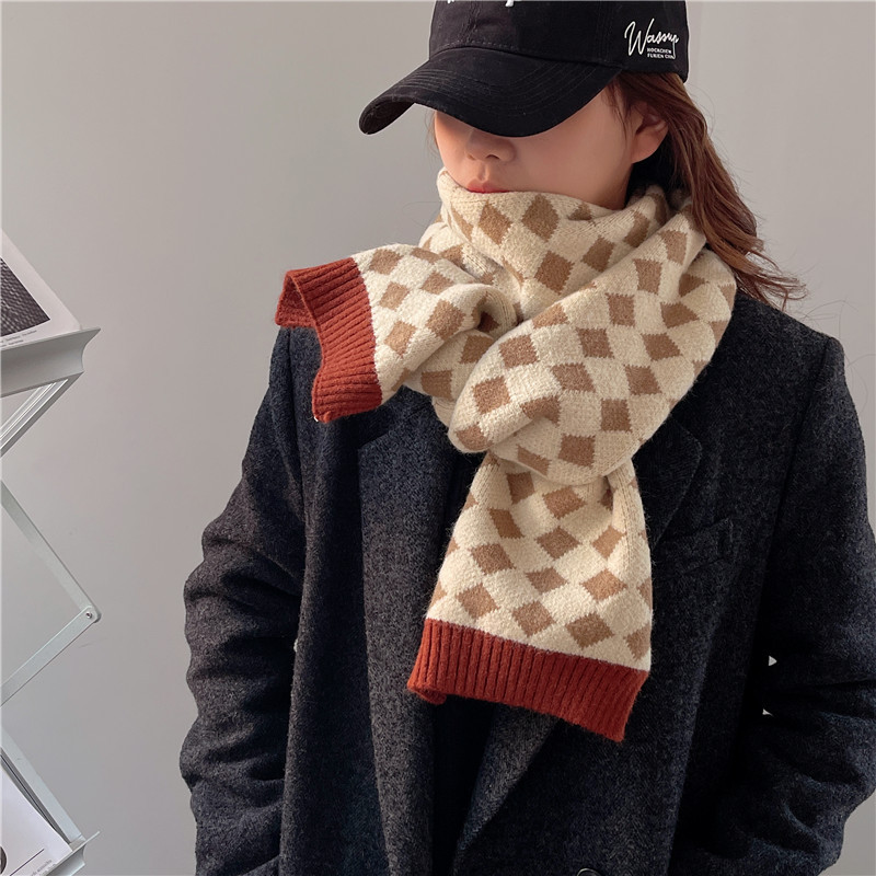 1#【奶咖拼焦糖边-常规款】菱形格子拼接围巾