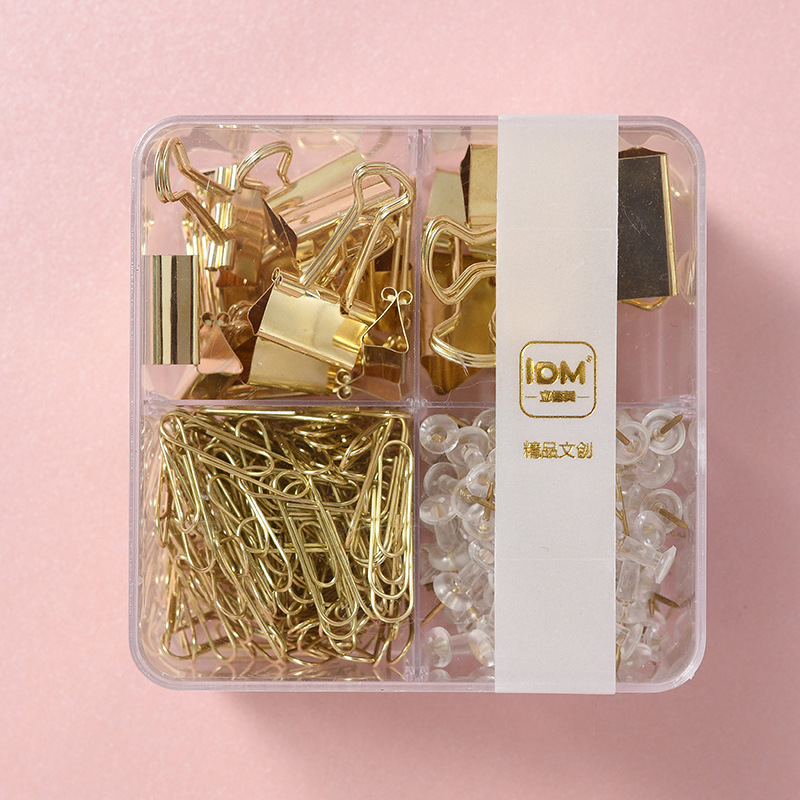 Cross-border supply of rose gold electroplated transparent thumbtacks, large and small long-tail clips, paperclip four-compartment boxes, creative office sets pic 9