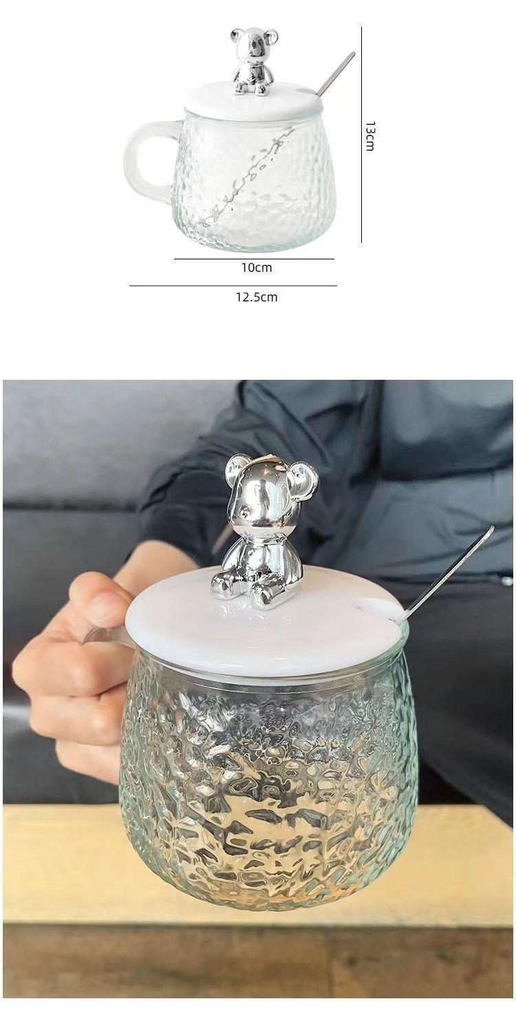 网红小熊锤纹水杯女士咖啡饮料杯高颜值家用带把手早餐玻璃杯代发详情8