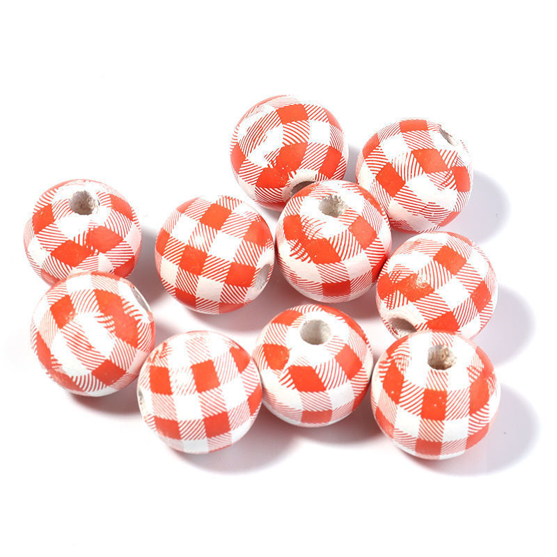 千鸟格木珠DIY挂饰装饰串珠彩色格子木珠配件条纹印花带孔木珠详情22