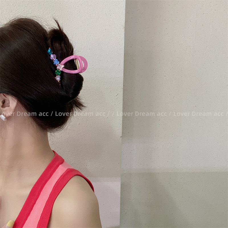 韩国新款复古彩色水钻粉色鲨鱼夹发夹 中古风抓夹网红时尚发饰女详情9