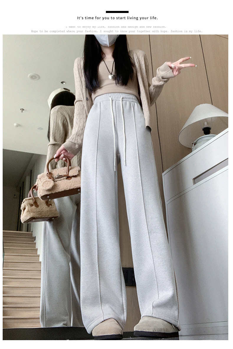 灰色直筒裤女秋冬裤子2024新款人字纹毛呢裤长裤羊羔绒窄版阔腿裤详情42