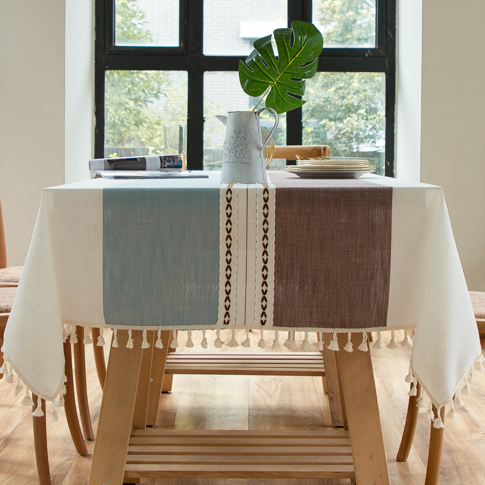 Cross-border Japanese color-blocking and color-blocking embroidered tassel tablecloths, kitchen, dining room, party, family table cover decoration, cotton and linen pic 8