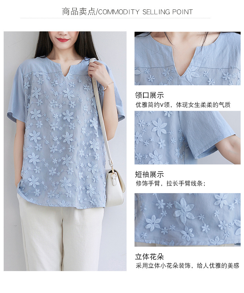 2022夏季新款速卖通欧美女装蕾丝刺绣短袖衬衫宽松女士上衣T恤详情5