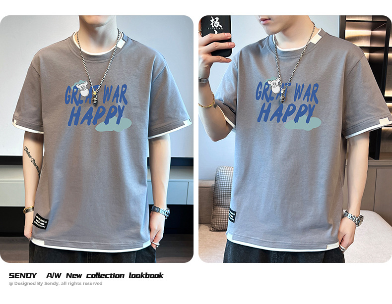 棉质新款夏季短袖T恤男款潮流宽松潮牌港风学生上衣圆领休闲透气详情16