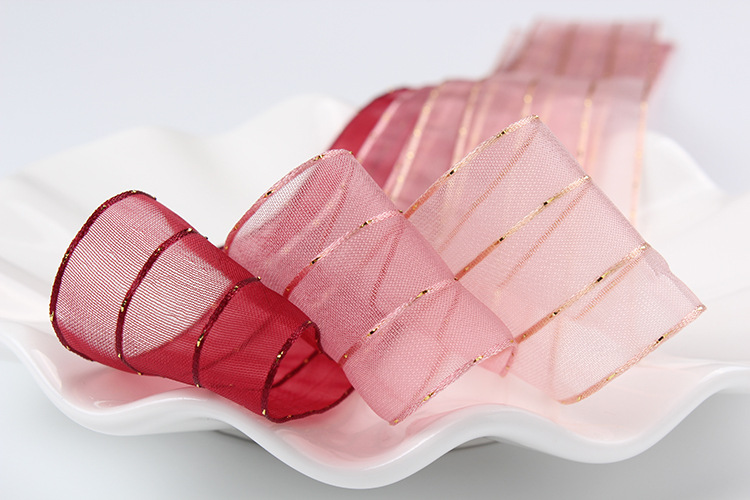 Dingxin Gold thread dotting silk Ribbon diy handmade bow decoration Flower bouquet Gift packaging Transparent golden striped ribbon pic 7