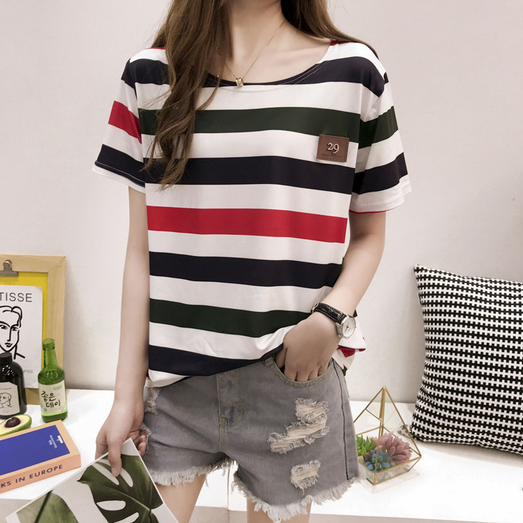 批发2022夏季新款韩版条纹短袖t恤女士宽松衣服上衣女装一件代发详情32