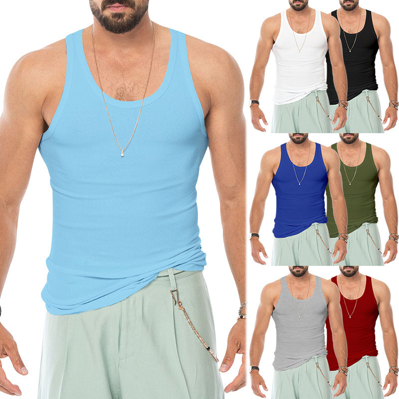 亚马逊男士背心弹力紧身纯色运动背心男夏季修身型健美打底衫批发详情4