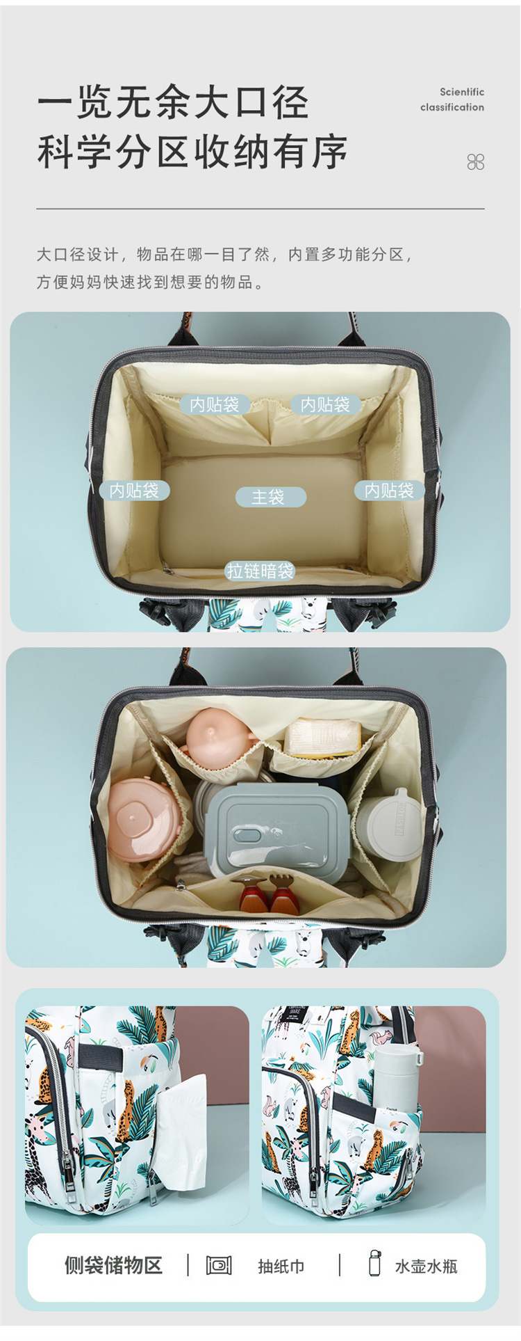 New patterned mommy bag, multi-functional waterproof dry-wet separation, large-capacity baby bottle, double-shoulder mother and baby bag, waterproof hook pic 6