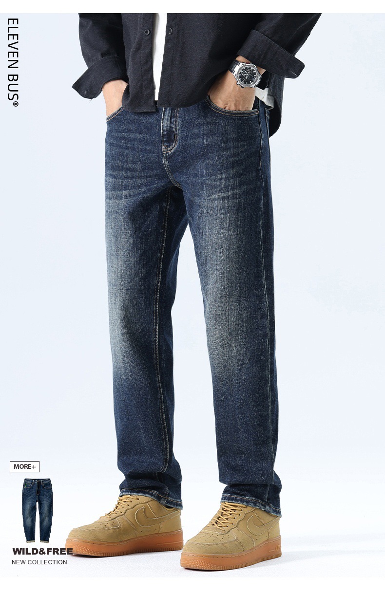 American trendy stretch jeans for men, thickened with fleece, loose straight leg, casual and versatile washed long pants for men pic 7