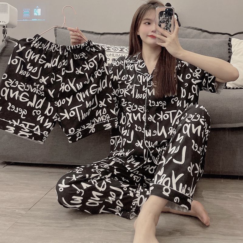 20款直播短袖开衫仿棉INS夏季情侣睡衣居家休闲宽松家居服三件套详情18