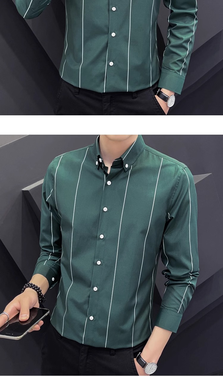 2025 hombre camisa manga larga casual coreano versión tendencia estiramiento delgado hermoso blusa blanca rayas top cool pic 15