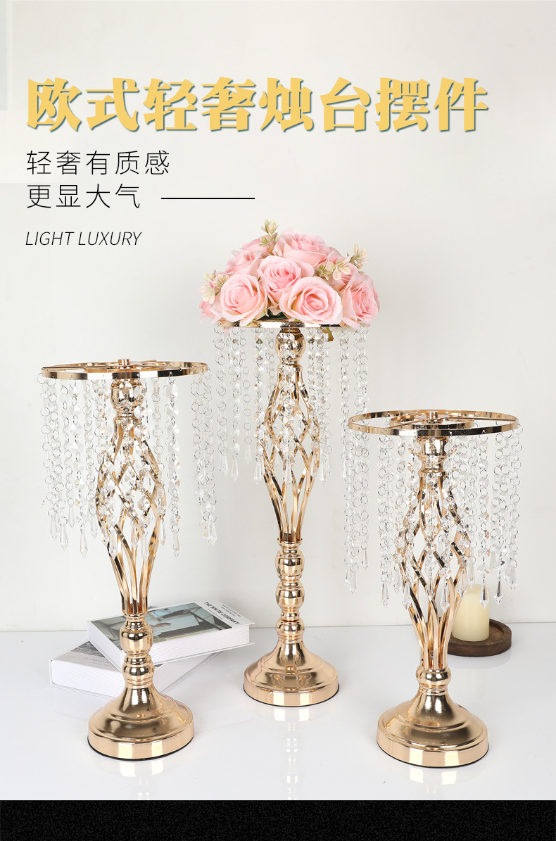 Cross-border Amazon metal ironwork flower stand, crystal acrylic hanging bead flower vase, gold electroplated wedding table decoration pic 20
