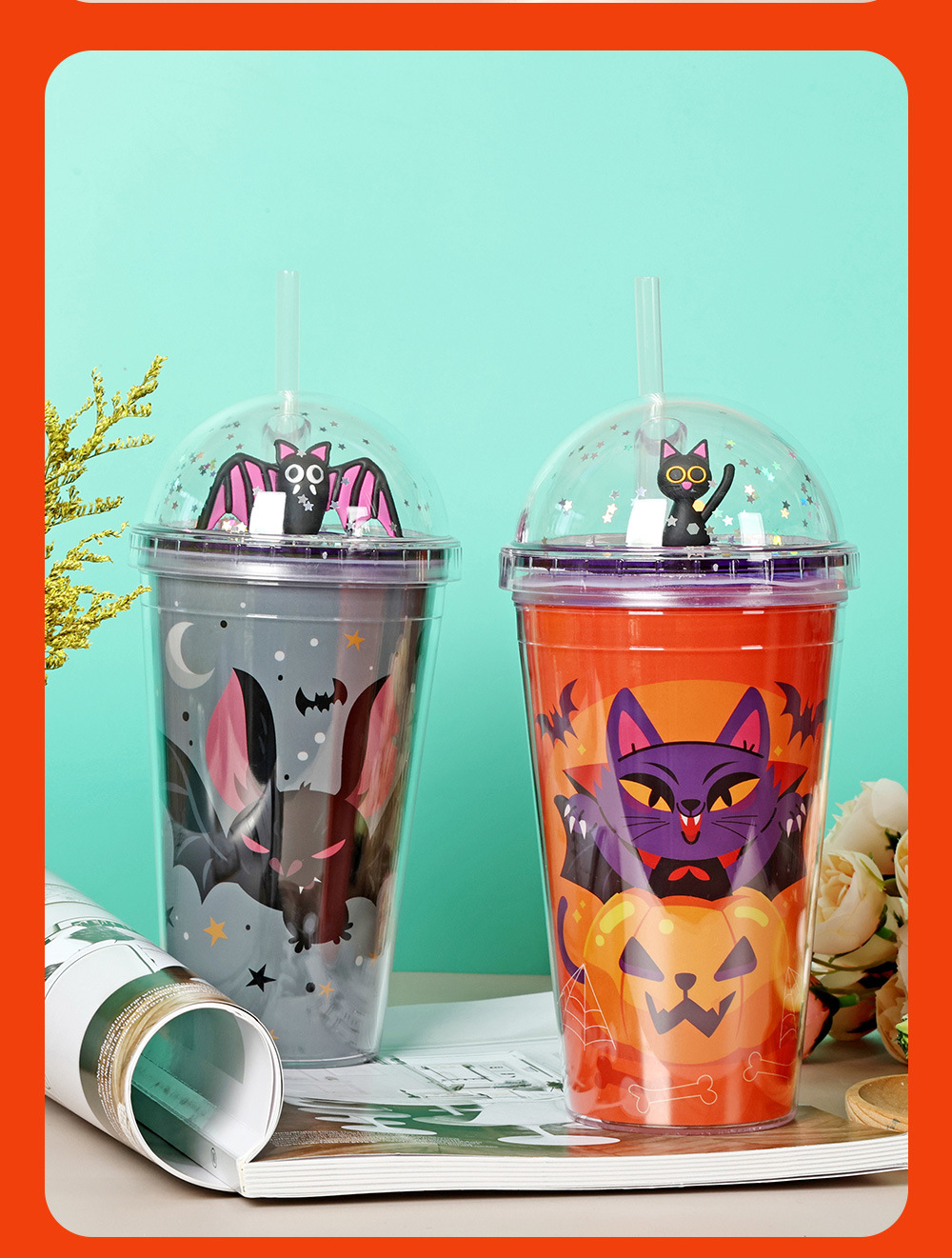 30013 450ml Halloween Micro-Landscape Cartoon Sequin Water Cup Double-layer Plastic Straw Cup Summer Ice Cup pic 19
