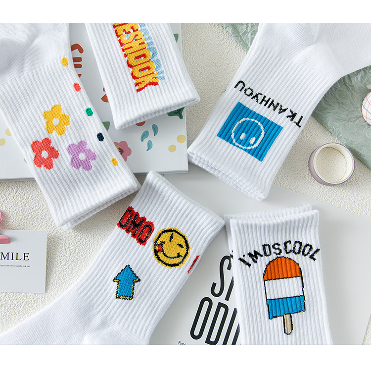ins trendy and creative smiling cotton socks, a niche design for women with a school style cartoon print, mid-calf socks, sweat-absorbing and breathable socks pic 15