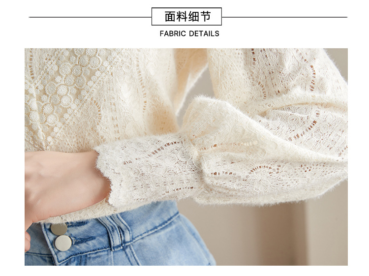 法式米杏色雪纺蕾丝衫女早秋2022年新款淑女花边小立领长袖上衣女详情6