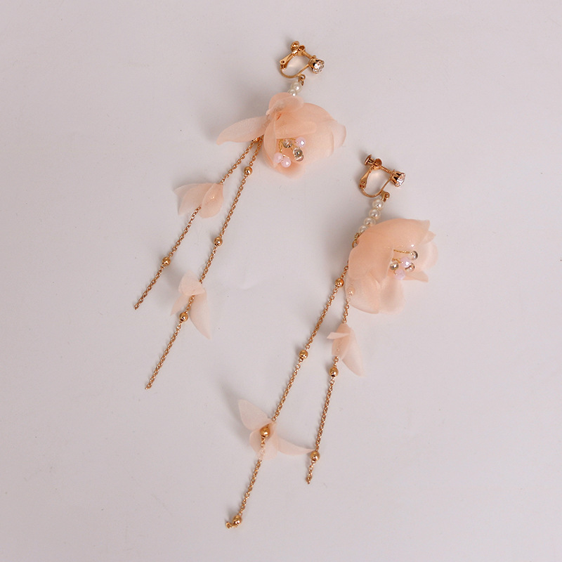 Korean sweet pearl string inlay pearl pink flower gold chain pendant ear clip 2022 Internet celebrity shooting prop ancient-style earrings pic 8