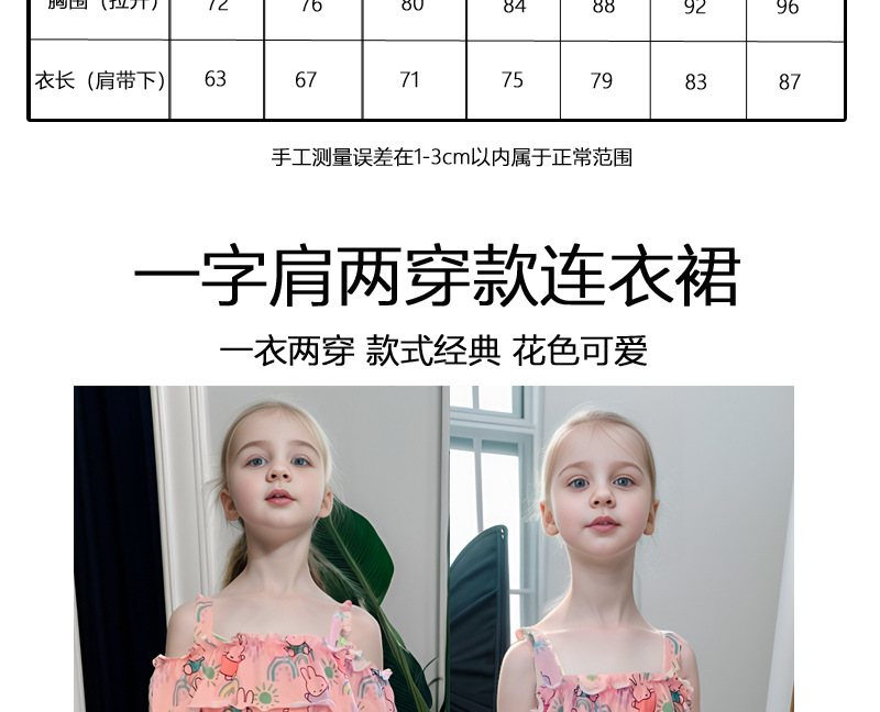 2024新款外贸女童牛奶丝连衣裙 女童夏款时尚露肩一字肩印花连衣详情3