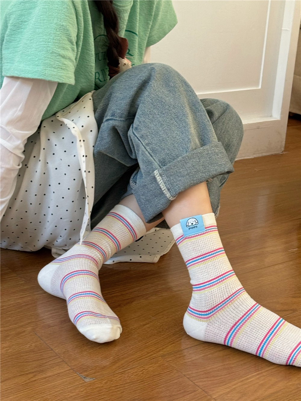 IOULOR薄款puppy狗彩色中筒袜夏季新品堆堆袜透气吸汗袜子批发女详情41