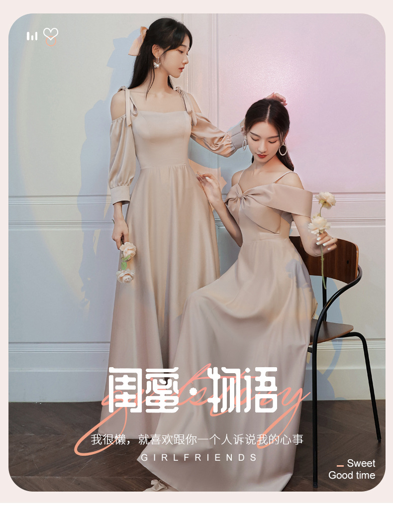 伴娘服2022年新款夏季姐妹团长裙平时可穿小众大码缎面礼服女详情2