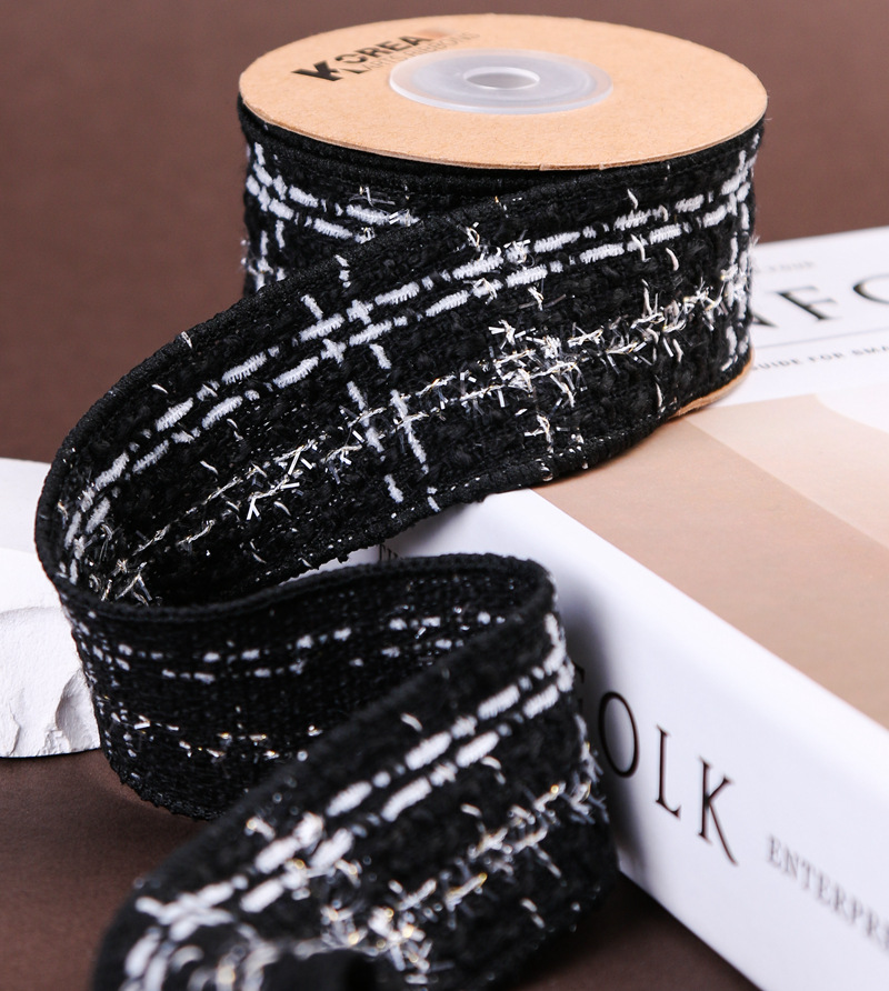 Korean-style chanel-style cotton and linen checkered, gold and silver thread, scallion ribbon DIY bow hair accessory, shoes, hats, clothing, cuff trims pic 9