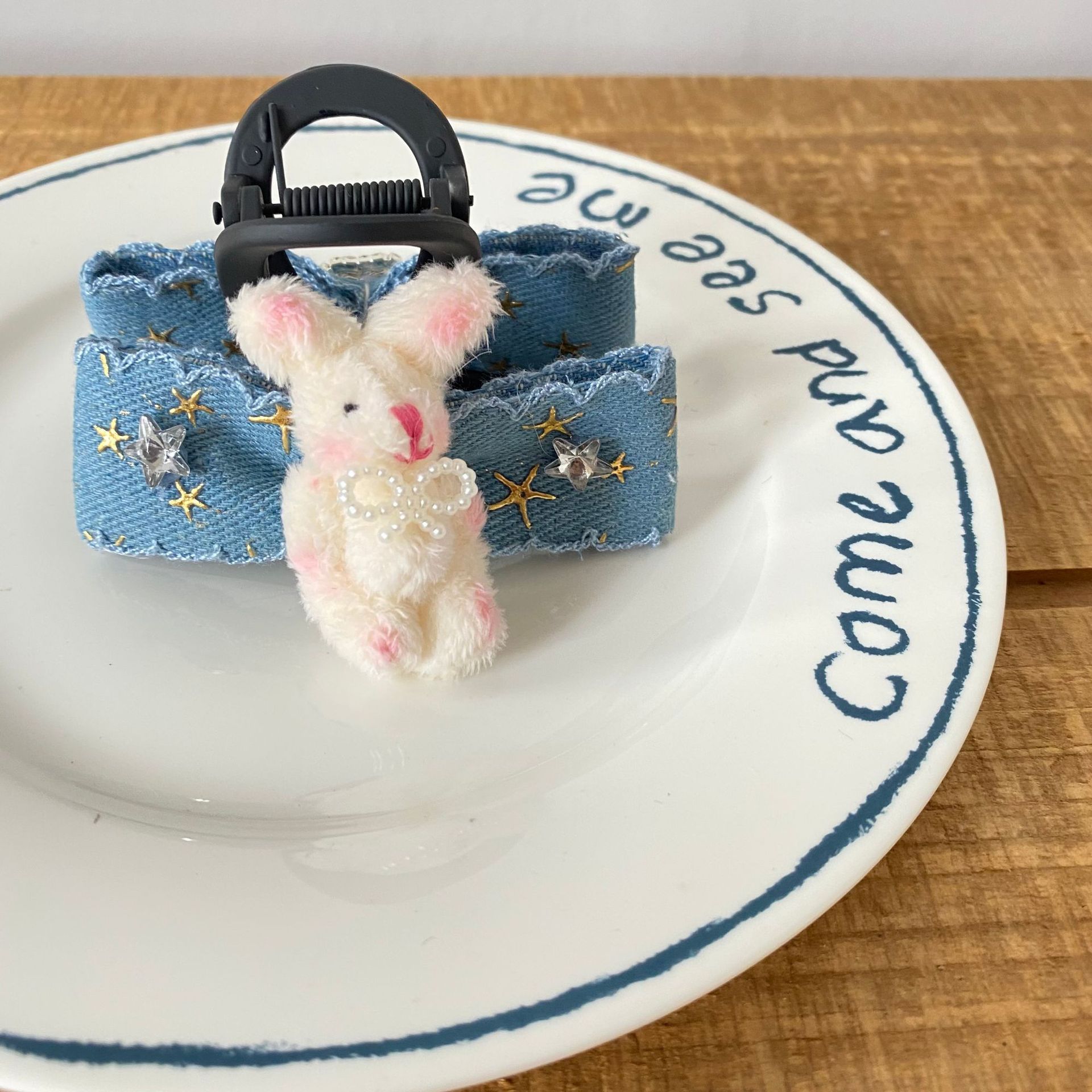 Cute plush rabbit bear denim hair clip, ins high-end colored diamond, sweet, cool, soft and cute girl large hair clip and hair accessory pic 1