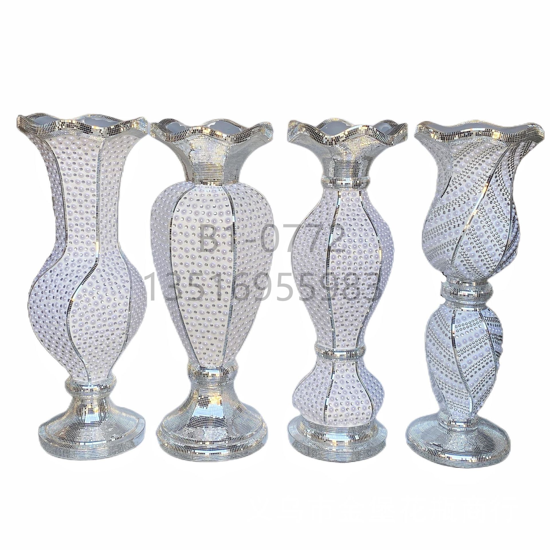 Golden Castle Vase, European-style simple vase with diamond bead glass lens, floor-standing vase, trumpet flower-shaped flower pot, living room, hotel, home, shopping mall, ceramic decoration pic 9