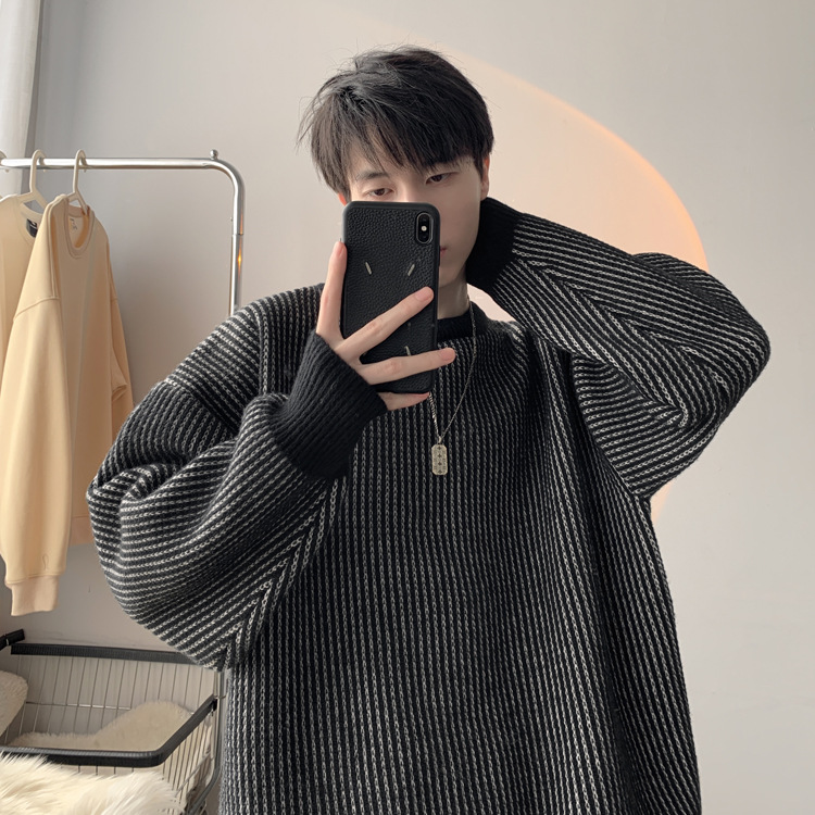 圆领条纹毛衣男款秋冬新款时尚套头针织衫日系复古宽松百搭上衣服详情12